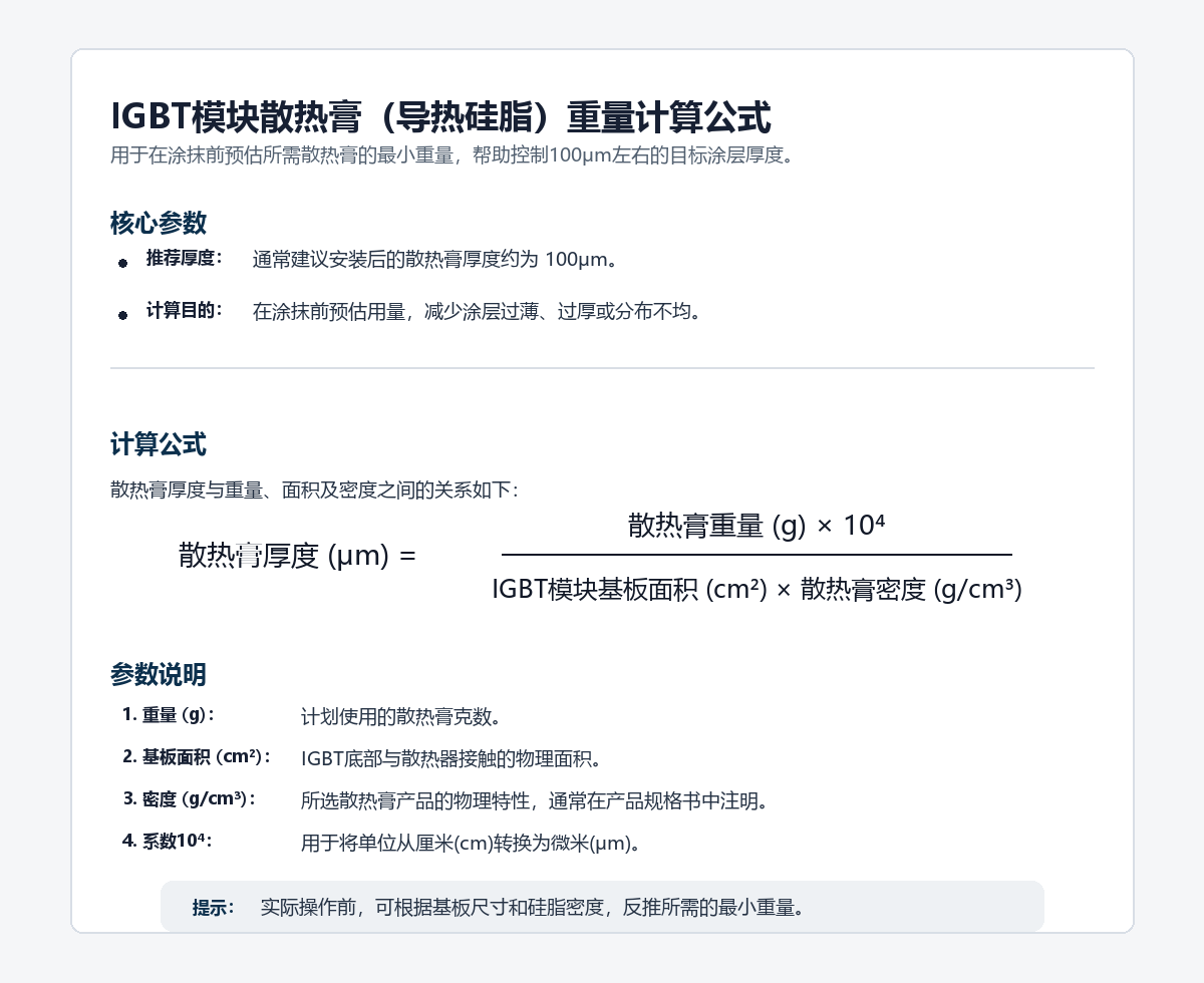 IGBT模块散热膏重量计算公式与导热硅脂厚度换算示意图 IGBT模块散热膏重量计算公式与导热硅脂厚度换算示意图
